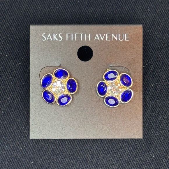 Saks Fifth Ave Gold Tone Blue Crystal Flower Post Earrings - Picture 4 of 8
